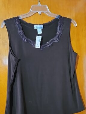 dressbarn Chocolate Brown Sleeveless Lace-Trim Shell Top - 2X
